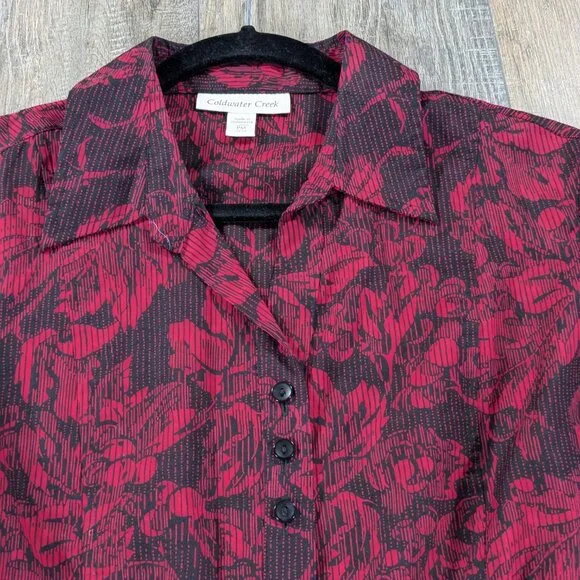 Coldwater Creek Top Womens Medium Petite Red Floral Button Up Long Sleeve - Picture 3 of 9